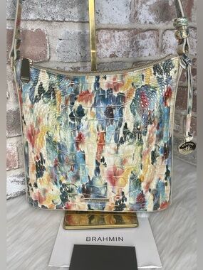Brahmin Watercolor-Print Embossed Leather Crossbody in Blue, Teal, Pink & Cream